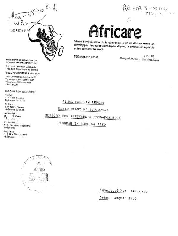 Final program report : USAID grant no. 5071025-B support for Africare"s food-for-work program in Burkina Faso
