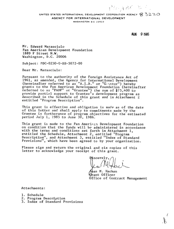 AID grant no. PDC-0230-G-SS-5072-00 to the Pan American Development Foundation for a program in development education