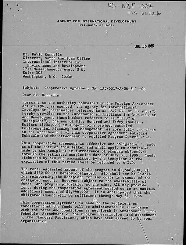 Cooperative agreement no. LAC-5517-A-00-5077-00 with the International Institute for Environment and Development