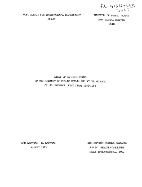 Study of periodic costs of the Ministry of Public Health and Social Welfare of El Salvador, five years 1980-1984