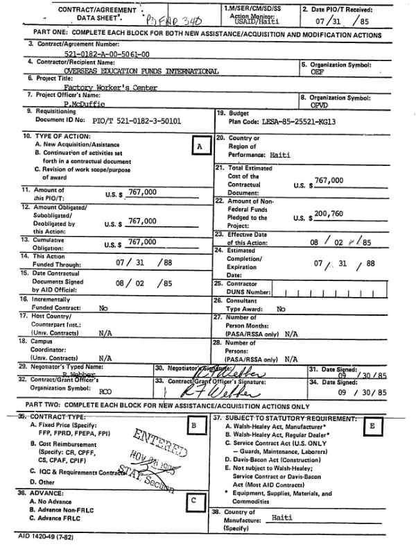 AID cooperative agreement no. 521-0182-A-00-5061-00 non-governmental support III, input no. 7 with OEF International for establishing a factory worker"s center in the metropolitan area of Port-au-Prince, Haiti