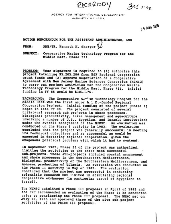 Action memorandum for the Assistant Administrator, ANE [for cooperative marine technology program for the Middle East, phase III]
