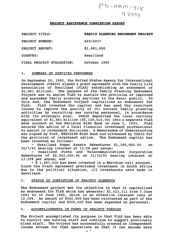 Project assistance completion report : family planning endowment project