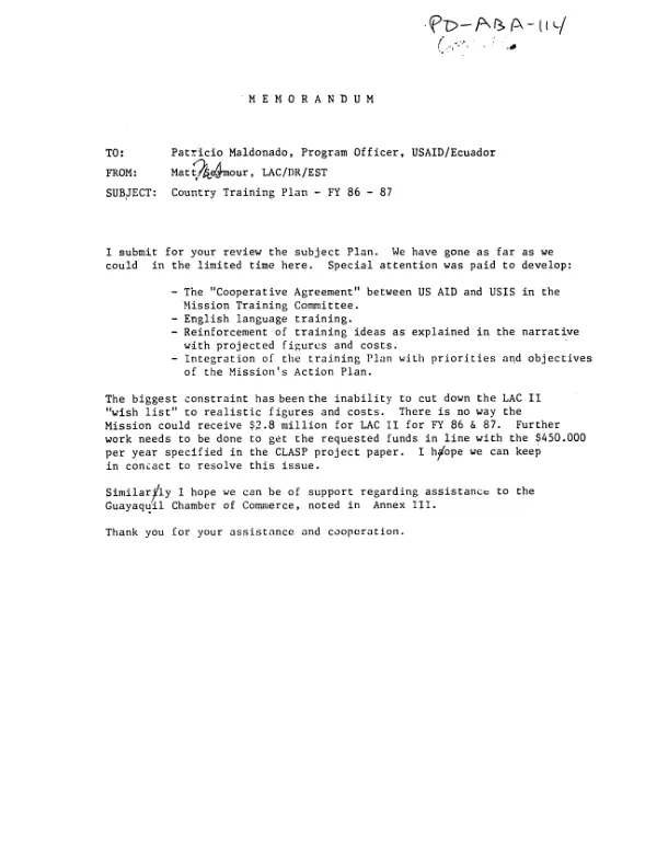 USAID/Ecuador : country training plan, FY 1986 and FY 1987 (draft)