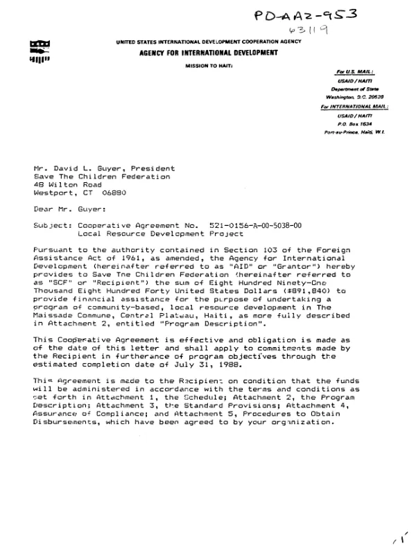 AID cooperative agreement no. 521-0156-A-00-5038-00 to Save the Children Federation for the local resource development project