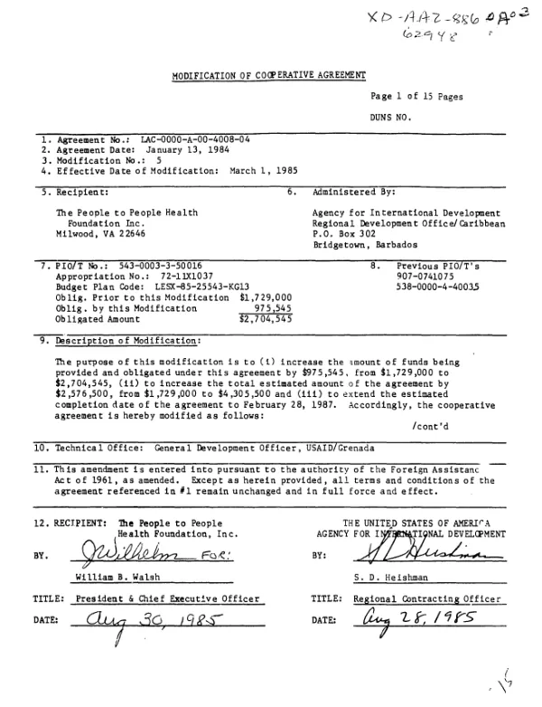 AID modification no. 5 of cooperative agreement to the People to People Health Foundation for a program of health and dental service for Grenada
