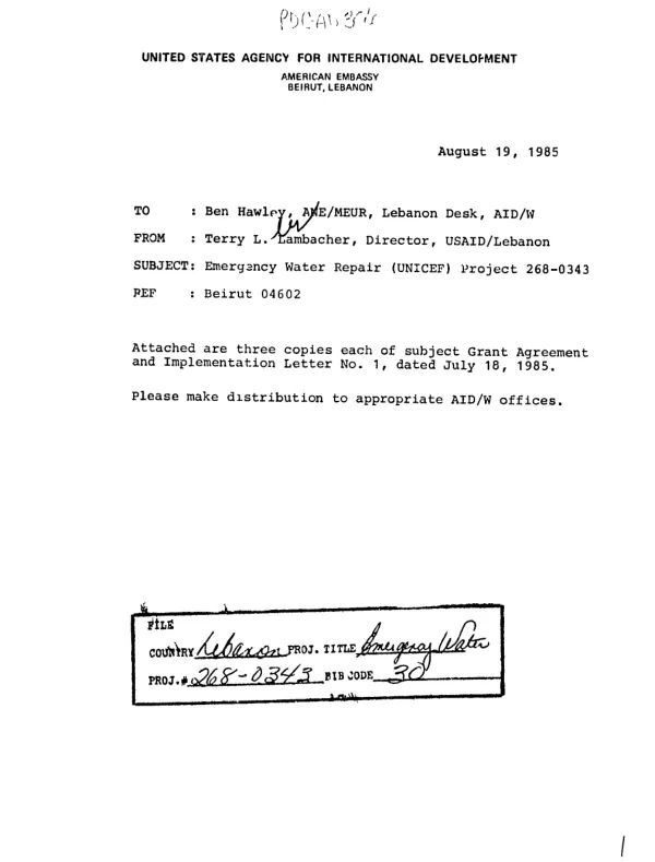 Project grant agreement between United Nations Children"s Fund and the United States of America