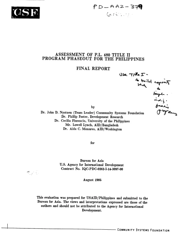 Assessment of PL-480 Title II program phaseout for the Philippines : final report