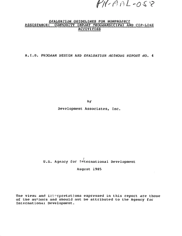 Evaluation guidelines for nonproject assistance : commodity import programs (CIP"s) and CIP-like activities
