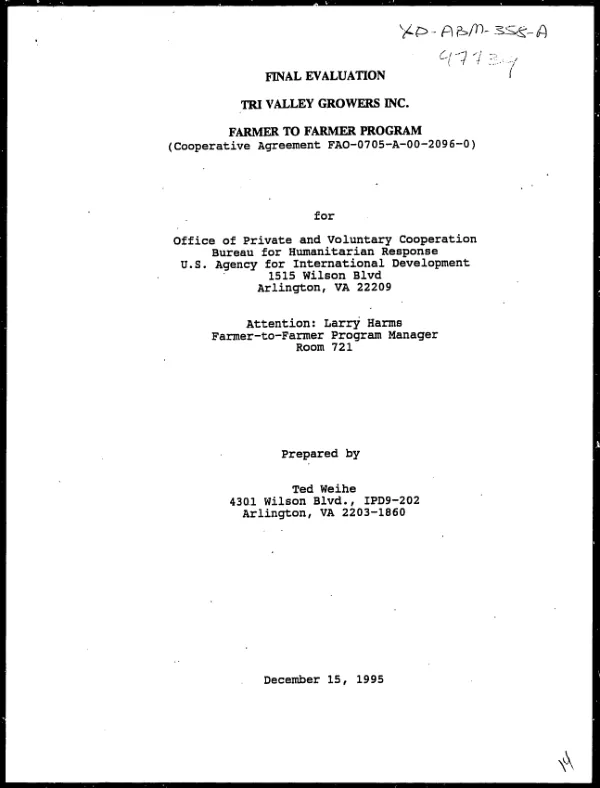 Final evaluation : Tri Valley Growers Inc. farmer to farmer program (cooperative agreement FAO-0705-A-00-2096-00)