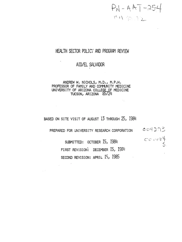 Health sector policy and program review : AID/El Salvador