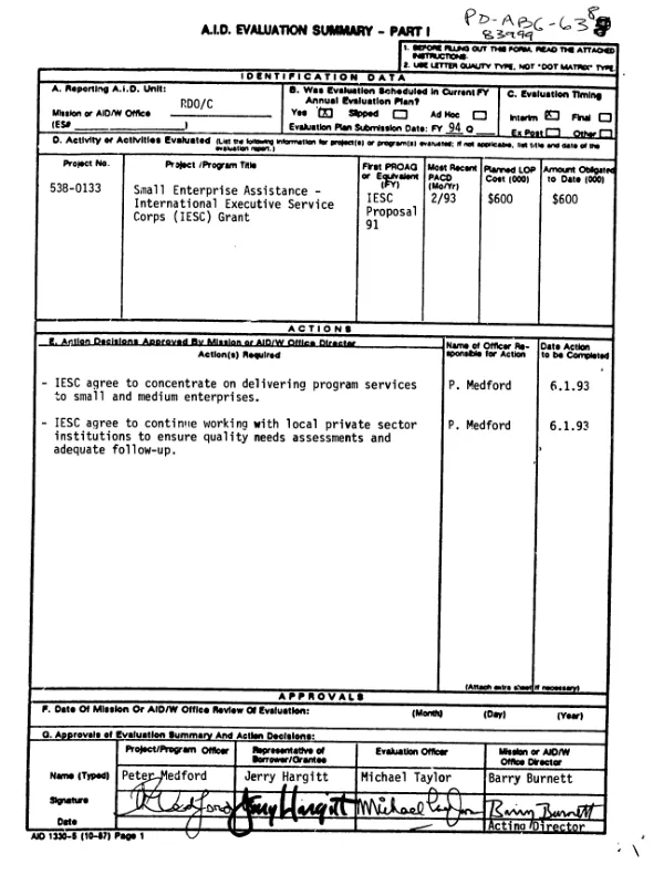 Small enterprise assistance - International Executive Service Corps (IESC) grant