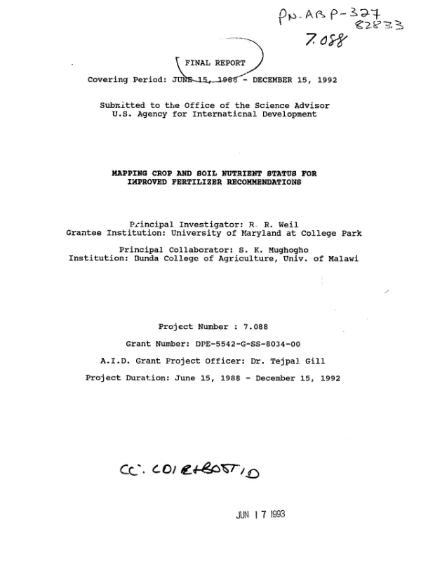 Final report, covering period June 15, 1988-December 15, 1992 : mapping crop and soil nutrient status for improved fertilizer recommendations