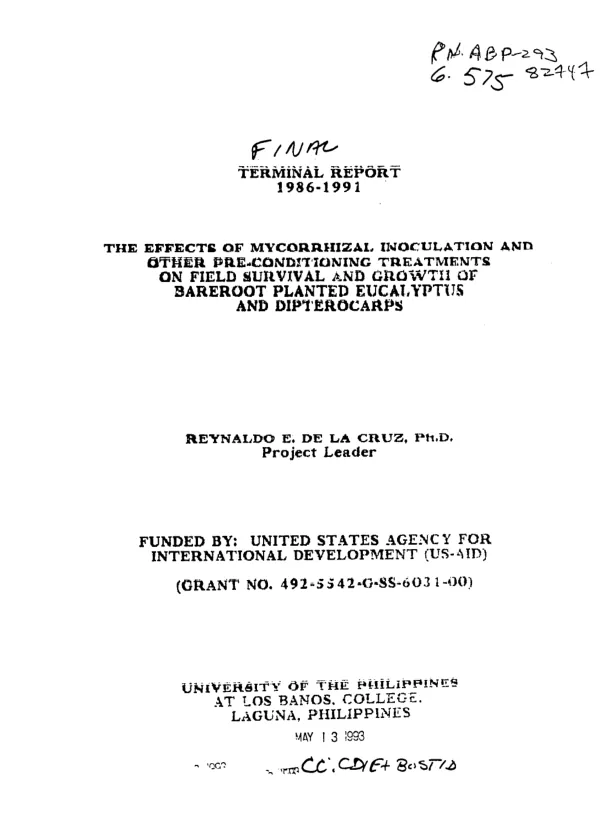 Terminal report, 1986-1991 : the effects of mycorrhizal inoculation and other pre-conditioning treatments on field survival and growth of barefoot planted eucalyptus and dipterocarps