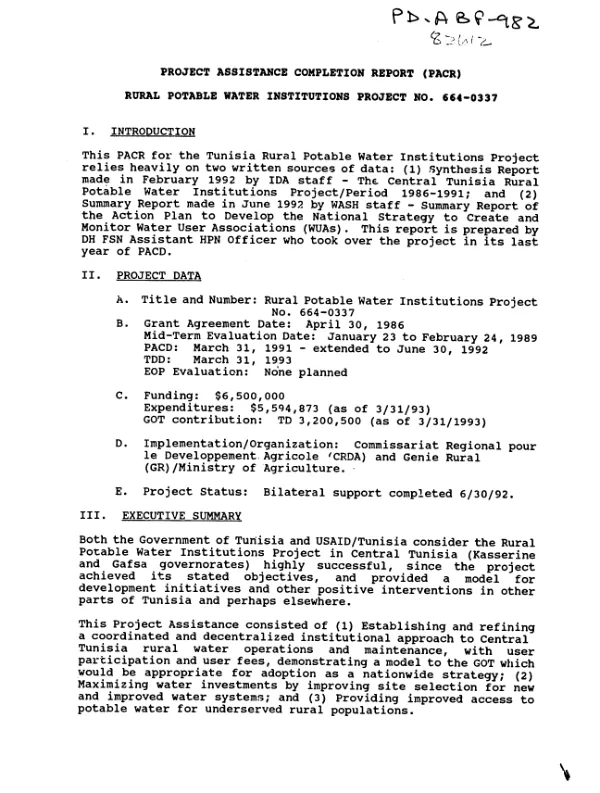 Project assistance completion report (PACR) : rural potable water institutions project no. 664-0337