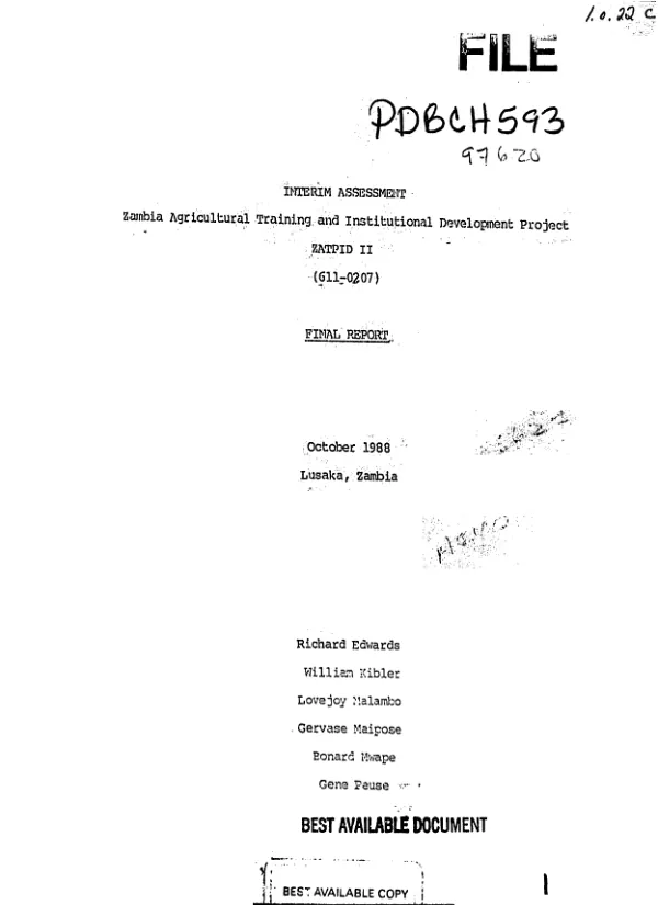 Interim assessment : Zambia agricultural training and institutional development project - ZATPID (611-0207) -- final report