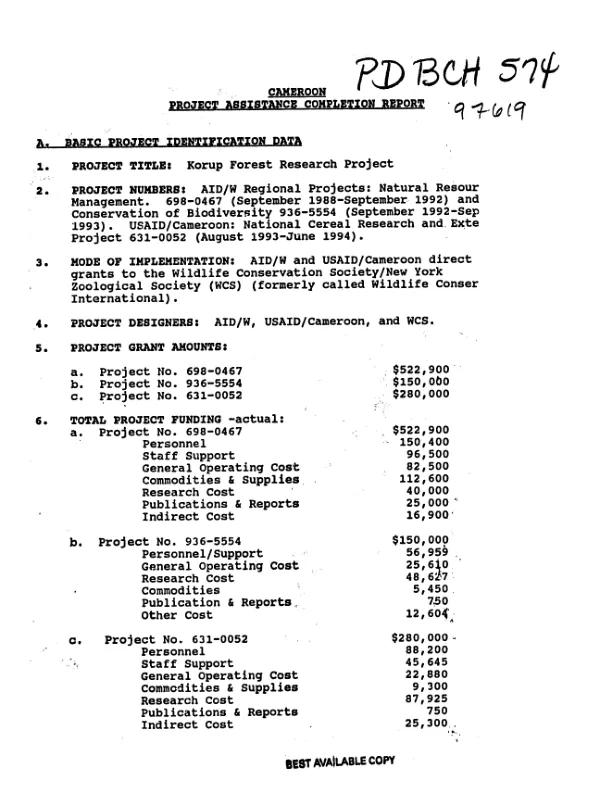 Cameroon : project assistance completion report -- Korup forest research project