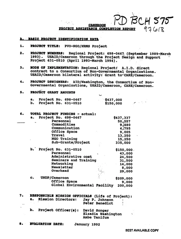 Cameroon : project assistance completion report -- PVO - NGO /NRMS project