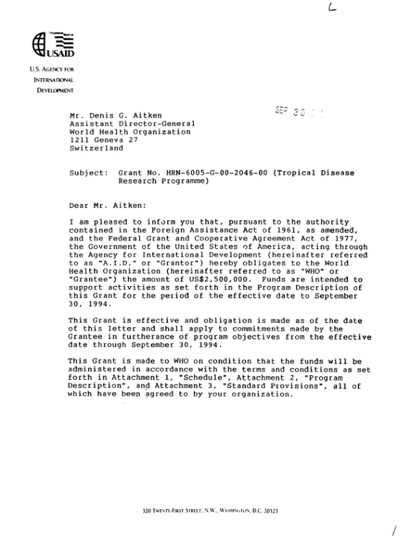 AID grant no. HRN-6005-G-00-2046-00 (tropical disease research programme) to the World Health Organization