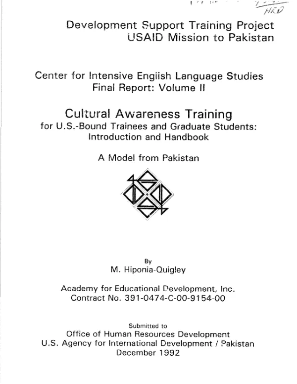 Cultural awareness training for U.S.-bound trainees and graduate students : introduction and handbook -- a model from Pakistan