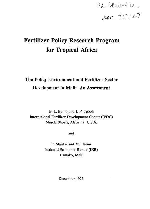 Fertilizer policy research program for tropical Africa : the policy environment and fertilizer sector development in Mali -- an assessment