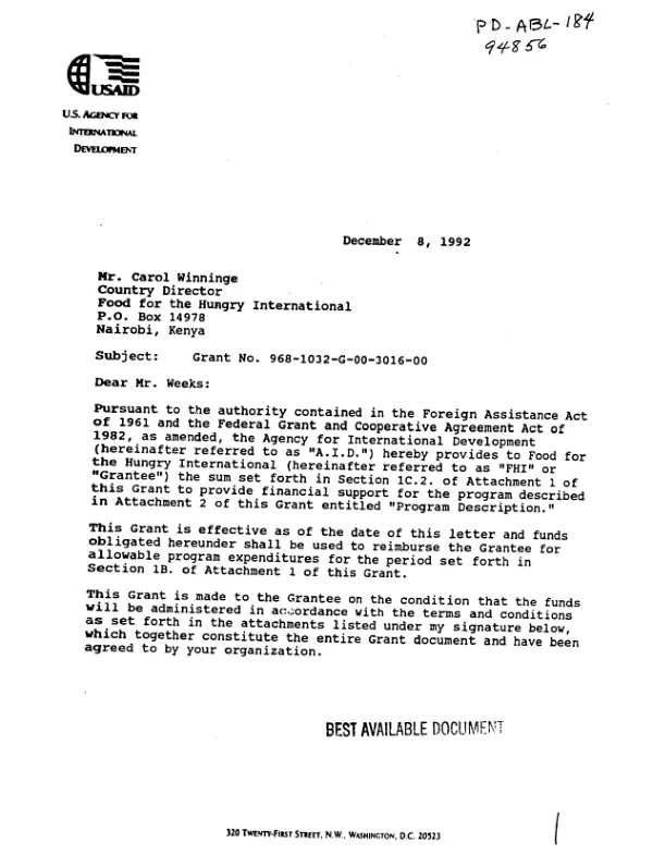AID grant agreement no. 968-1032-G-00-3016-00 to Food for the Hungry International (FHI) for the `Kenya relief project proposal for Marsabit District"