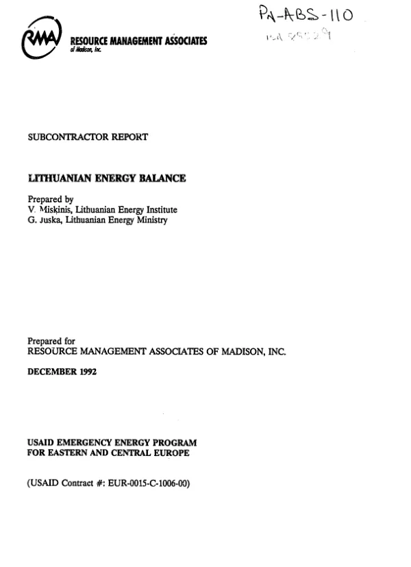 Subcontractor report : Lithuanian energy balance