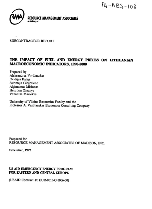 Subcontractor report : impact of fuel and energy prices on Lithuanian macroeconomic indicators, 1990 - 2000