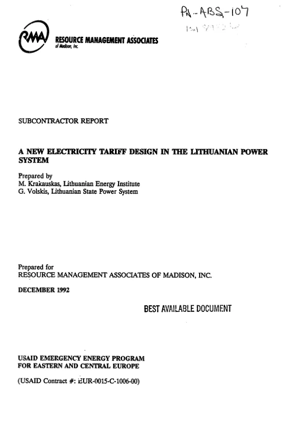 Subcontractor report : new electricity tariff design in the Lithuanian power system