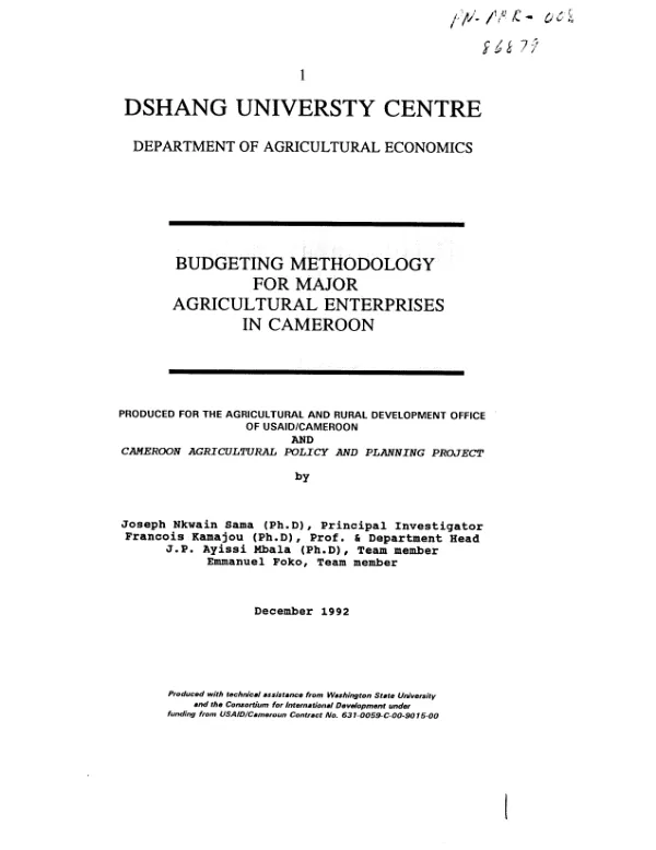Budgeting methodology for major agricultural enterprises in Cameroon