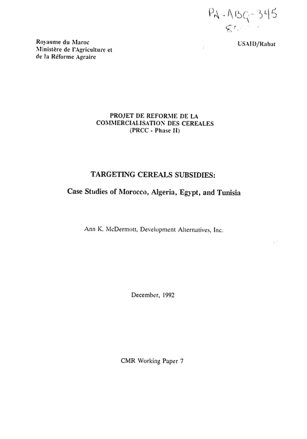 Targeting cereals subsidies : case studies of Morocco, Algeria, Egypt, and Tunisia