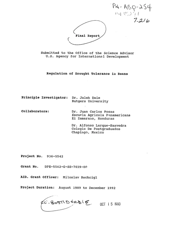 Final report : August 1989-December 1992 -- regulation of drought tolerance in beans