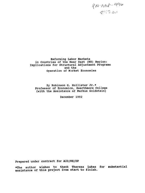 Reforming labor markets in countries of the Near East (NE) region : implications for structural adjustment programs and the operation of market economies