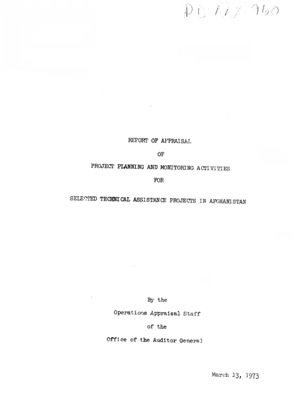 Report of appraisal of project planning and monitoring activities for selected technical assistance projects in Afghanistan