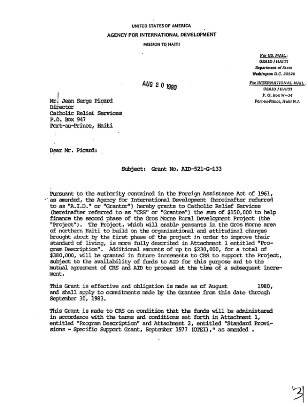 AID grant no. AID-521-G-133 to Catholic Relief Services for the second phase of the Gros Morne rural development project