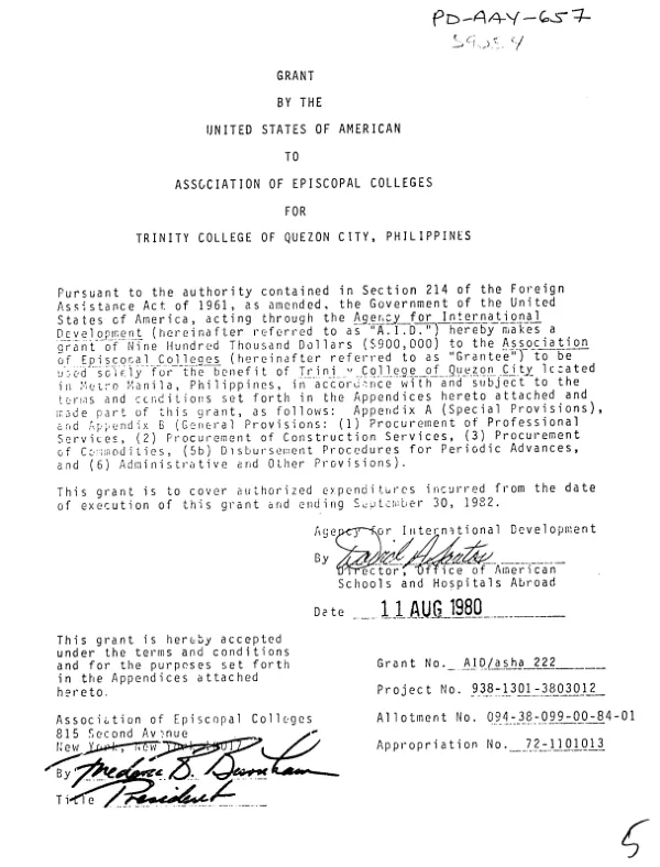 Grant by the United States of America to Association of Episcopal Colleges for Trinity College of Quezon City, Philippines