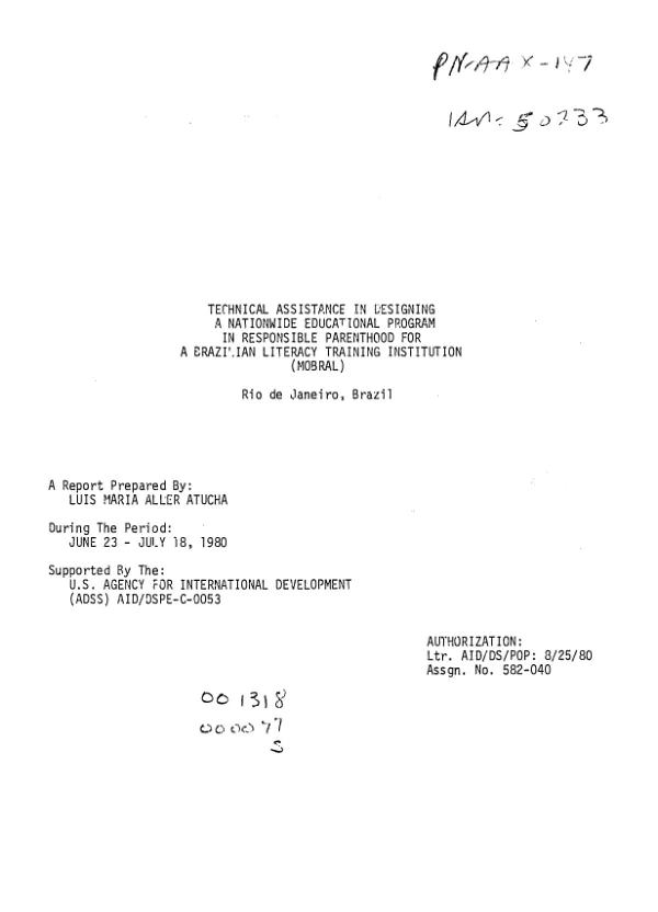 Technical assistance in designing a nationwide educational program in responsible parenthood for a Brazilian literacy training institution (MOBRAL), Rio de Janeiro, Brazil