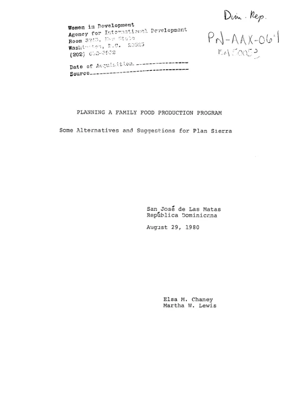Planning a family food production program : some alternatives and suggestions for Plan Sierra