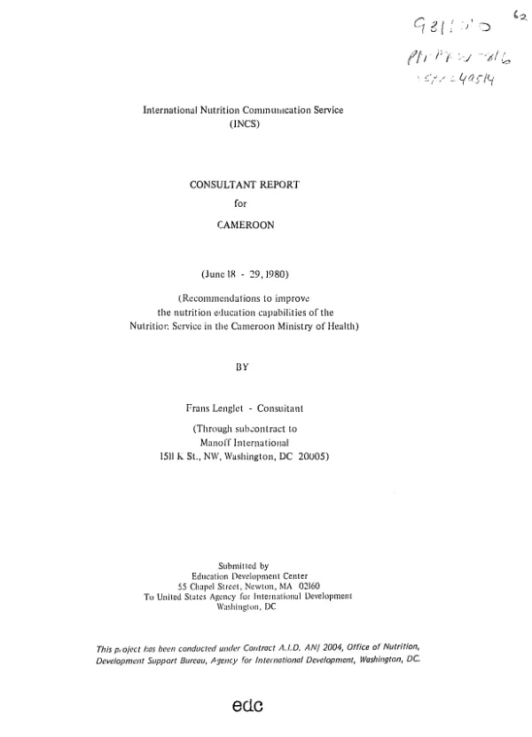 Consultant report for Cameroon (June 18-29, 1980) (recommendations to improve the nutrition education capabilities of the Nutrition Service in the Cameroon Ministry of Health)