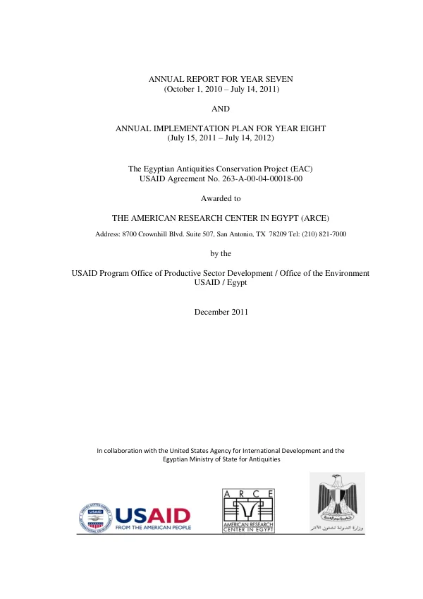 ANNUAL REPORT FOR YEAR SEVEN: (October 1, 2010-July 14, 2011) and ANNUAL IMPLEMENTATION FOR YEAR EIGHT: (July 15, 2011-July 14, 2012)