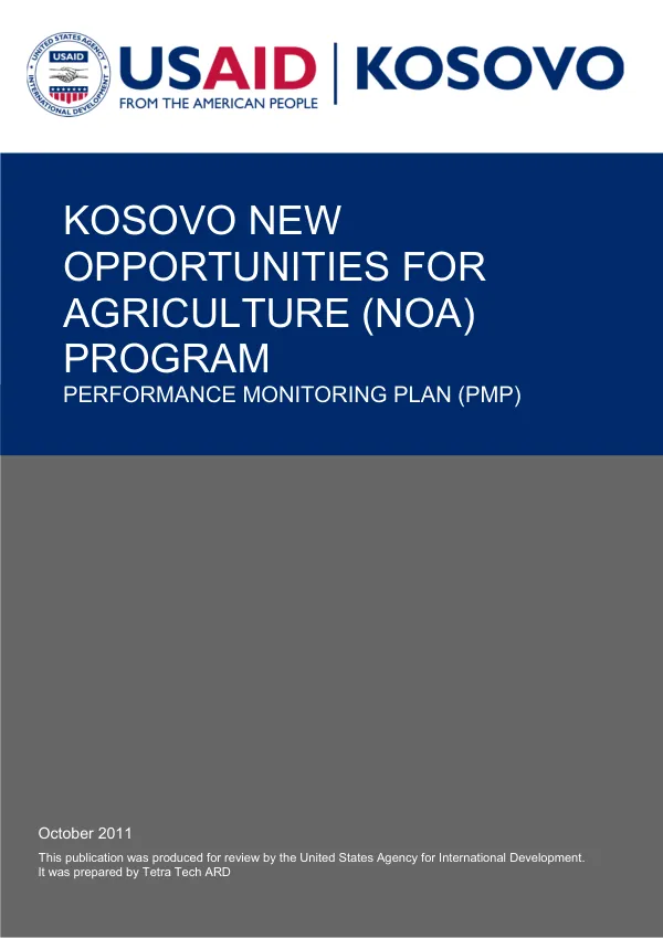 Kosovo New Opportunities for Agriculture (NOA) Program: Performance Monitoring Plan