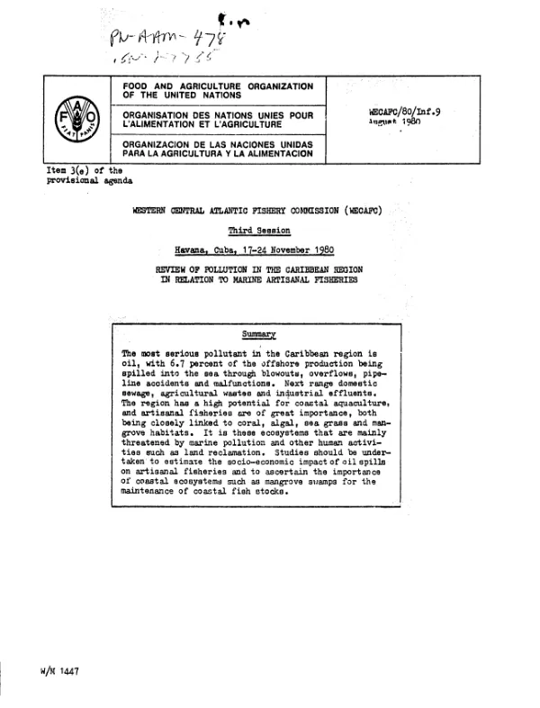 Review of pollution in the Caribbean region in relation to marine artisanal fisheries