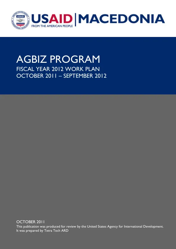 AgBiz Program Fiscal Year 2012 Work Plan October 2011 – September 2012