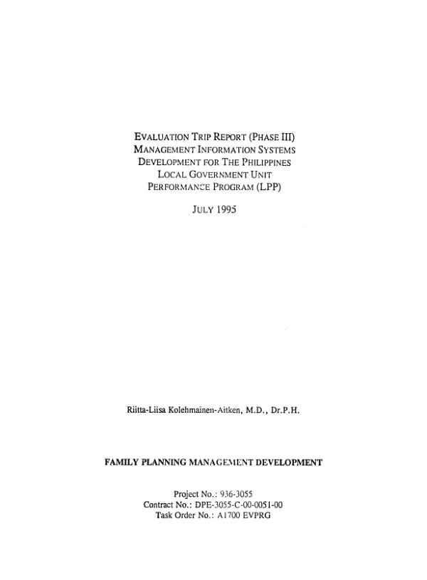 Evaluation trip report (phase III) : management information systems development for the Philippines Local Government Unit Performance Program (LPP)