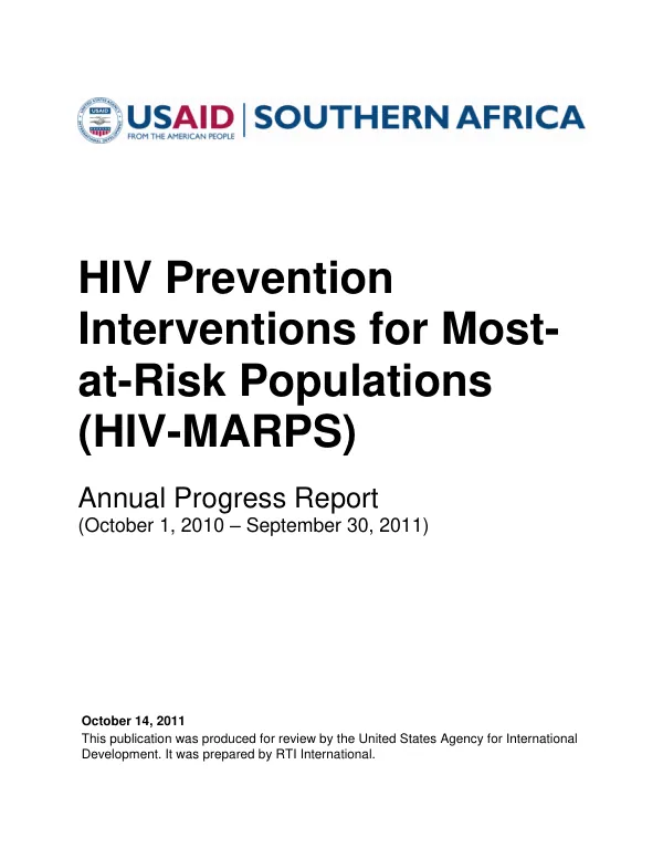 HIV Prevention Interventions for Most-at-Risk Populations (HIV-MARPS) Annual Progress Report