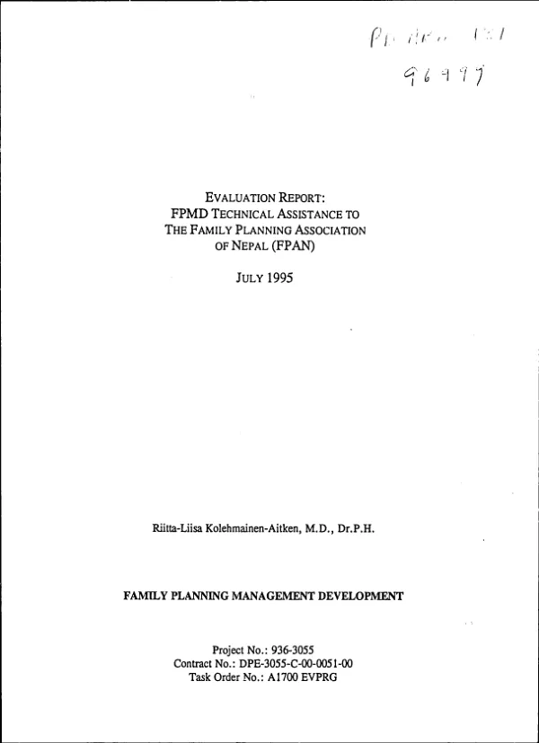 Evaluation report : FPMD [family planning management development] technical assistance to the Family Planning Association of Nepal (FPAN)
