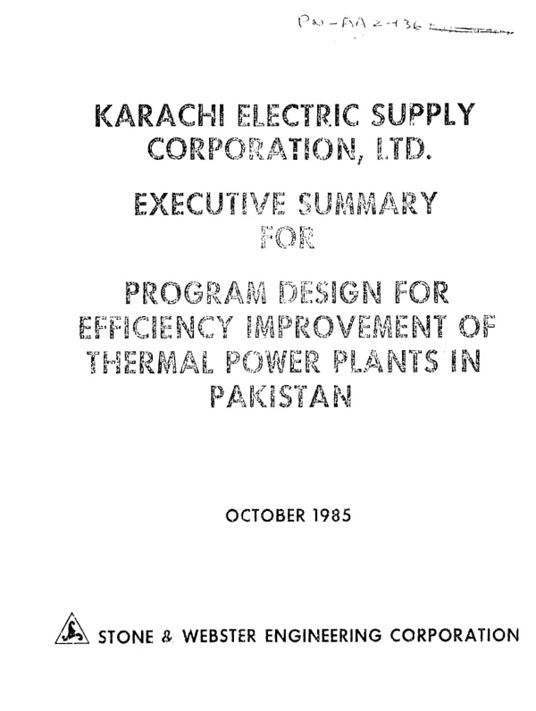 Karachi Electric Supply Corporation, Ltd. : executive summary for program design for efficiency improvement of thermal power plants in Pakistan