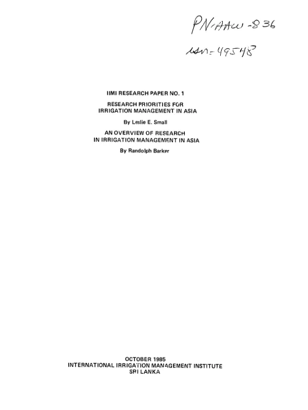 Research priorities for irrigation management in Asia : overview of research in irrigation management in Asia