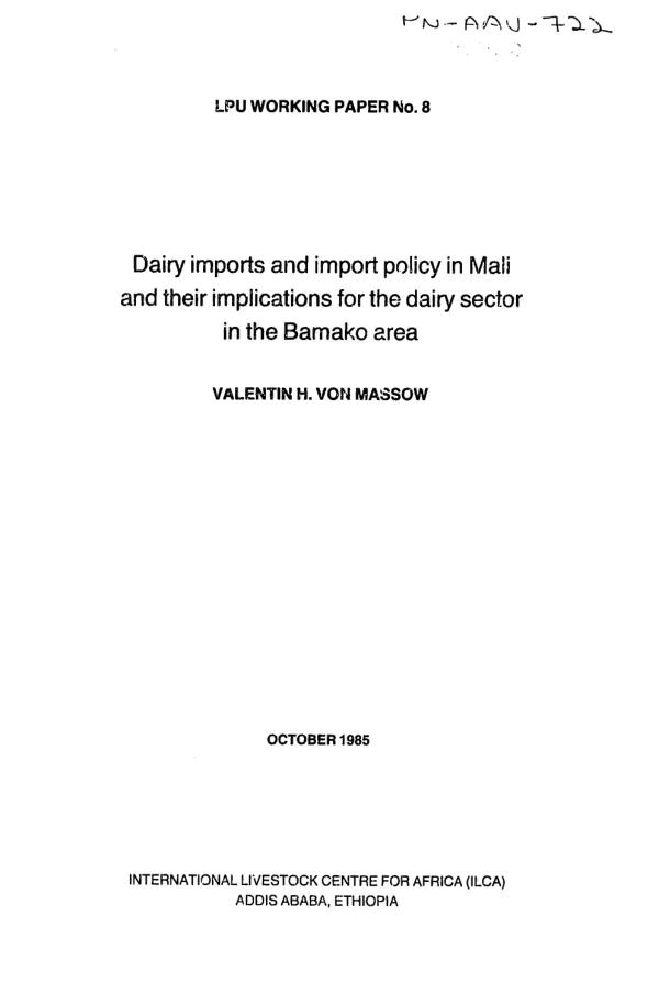 Dairy imports and import policy in Mali and their implications for the dairy sector in the Bamako area