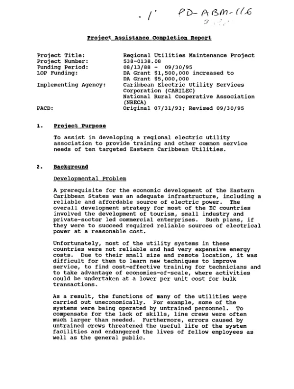 Project assistance completion report : regional utilities maintenance project -- 08/13/88-09/30/95
